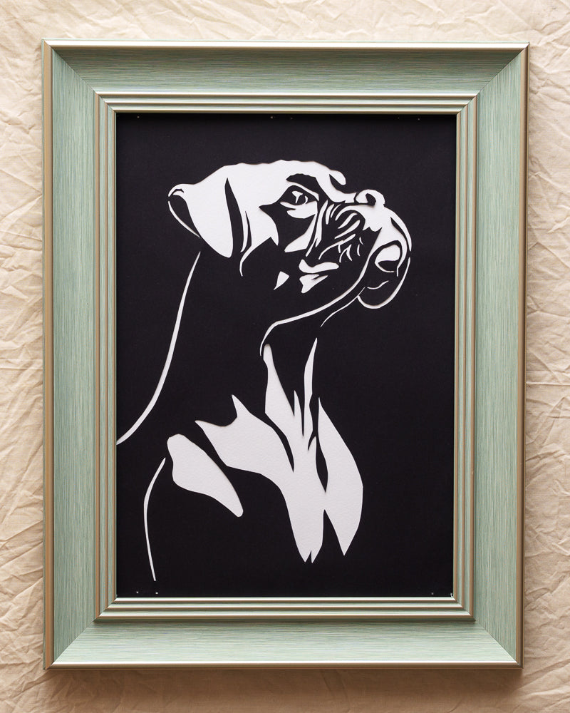 Regal bulldog paper-cut frozen in his mightiest stance — chest puffed like he still rules the backyard