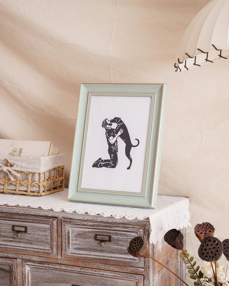 A paper cut artwork of a dog leaping to kiss its owner—capturing timeless love that endures beyond life. Displayed at home, it becomes a cherished presence where memories forever embrace the spirit of your furry angel