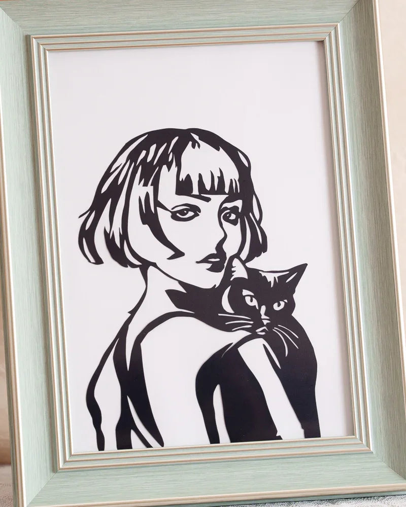 Side Glance Paper Cut – A Warm Moment Between Woman and Cat