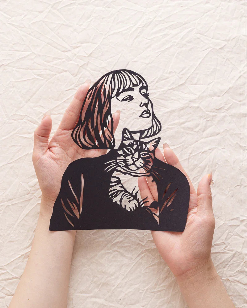 Lady & Cat in Palmed Papercut art