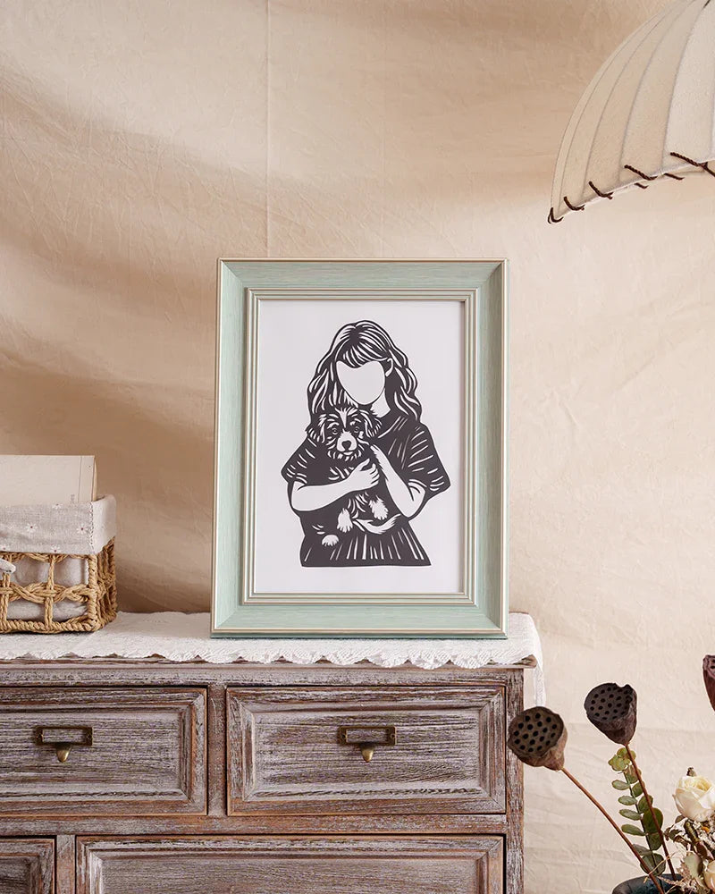 Paper-cut keepsake: Girl holding her pup—perfect memory for shelves or walls