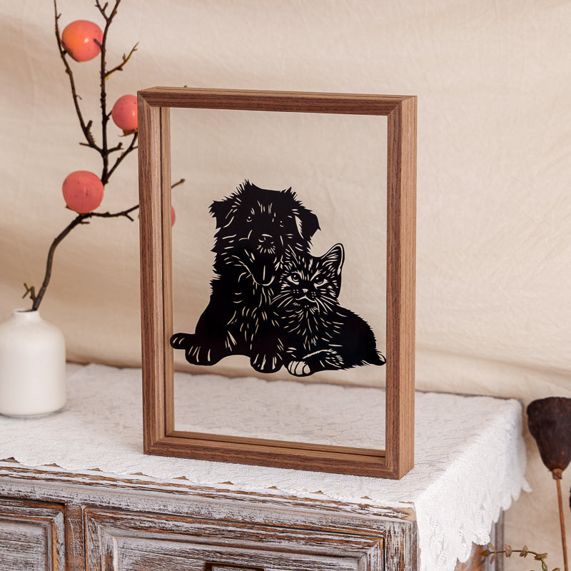 A minimalist pet papercut artwork made from black cardstock, emphasizing contrast and emotional depth in its design