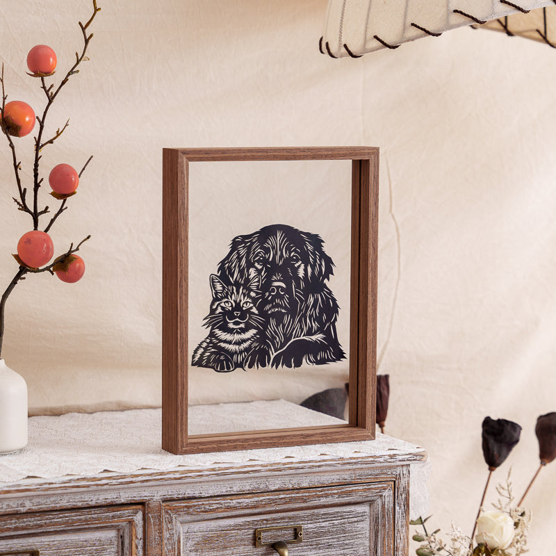 A memorial papercut decoration featuring a cat and dog, created to honor their shared memories and life together