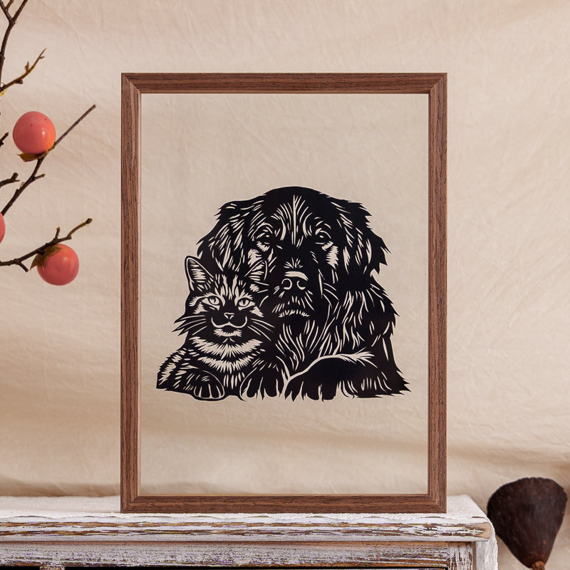 A heartfelt papercut artwork of a cat and dog lying together, symbolizing their peaceful bond and companionship