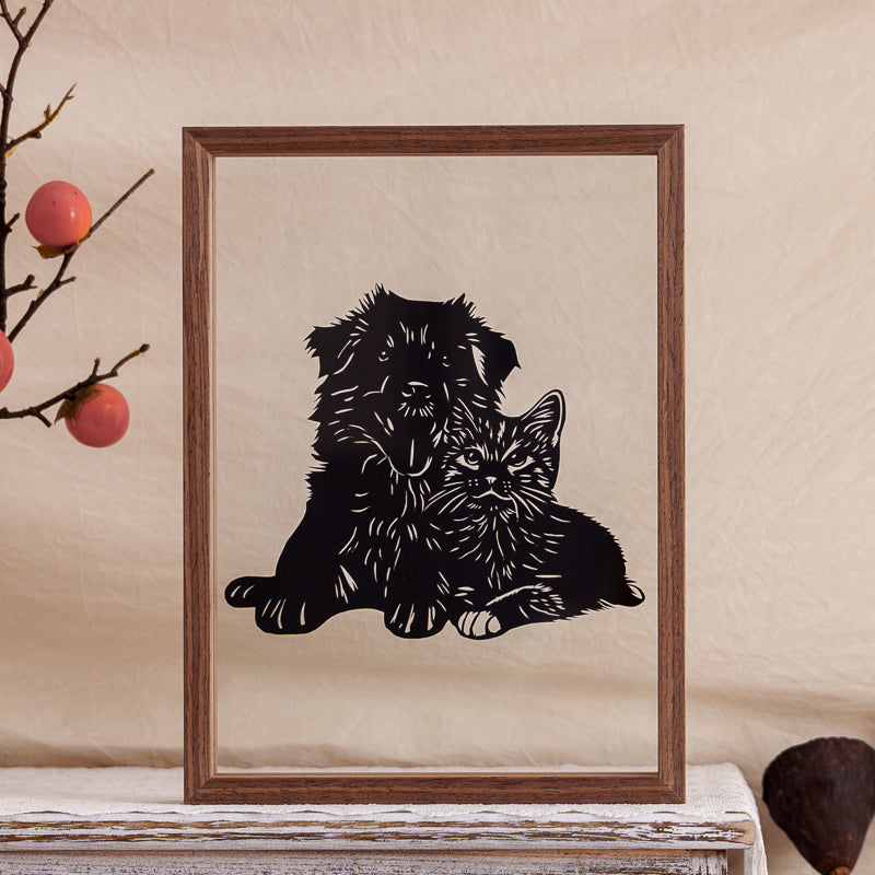 A touching papercut artwork of a dog and cat cuddling together, symbolizing harmony and everlasting companionship