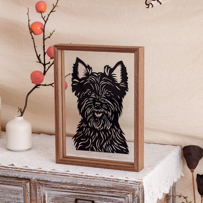 A meaningful papercut artwork designed to honor and remember a beloved dog who has crossed the rainbow bridge