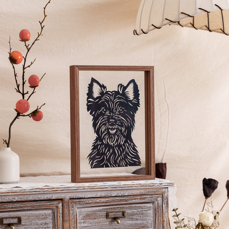 A dog papercut artwork made with eco-friendly black paper, combining sustainability with emotional artistry