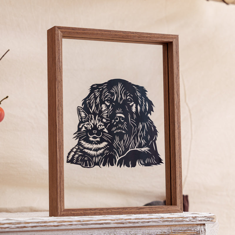 A handcrafted papercut artwork featuring pets, delicately carved to preserve their essence and memory in fine detail