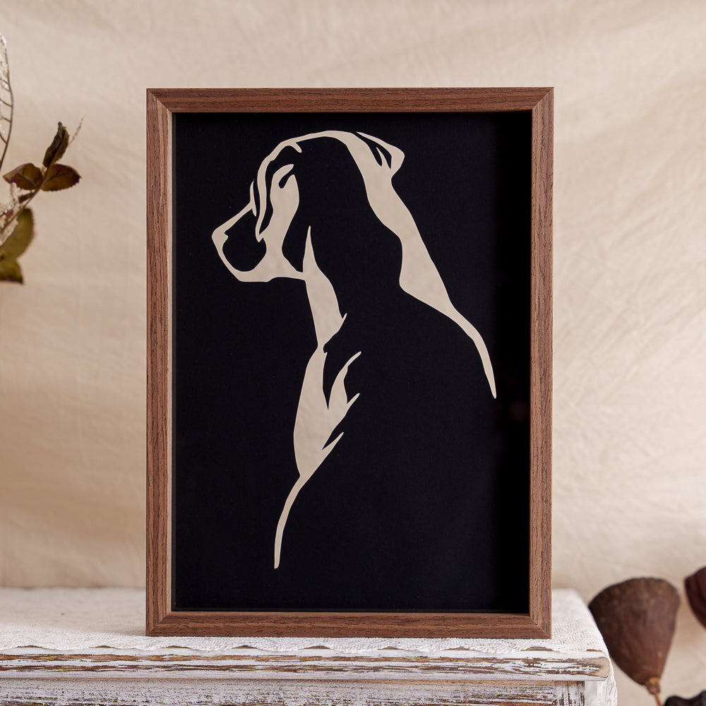 A silhouette artwork of a dog’s backview, symbolizing the beloved pet walking away into memory.