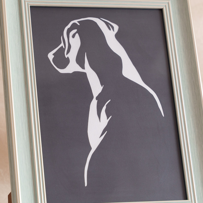 Handcrafted custom paper cut of a Labrador’s silhouette from behind, a meaningful gift to remember a beloved dog.
