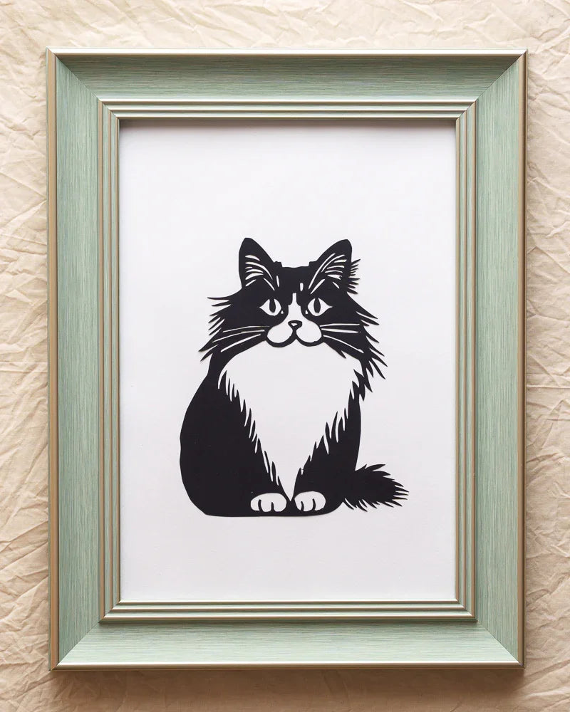My fur-baby's soul dances in this paper portrait — snowy chest fur glowing where light catches her whisker trails. Still paw-tapping my heartstrings 