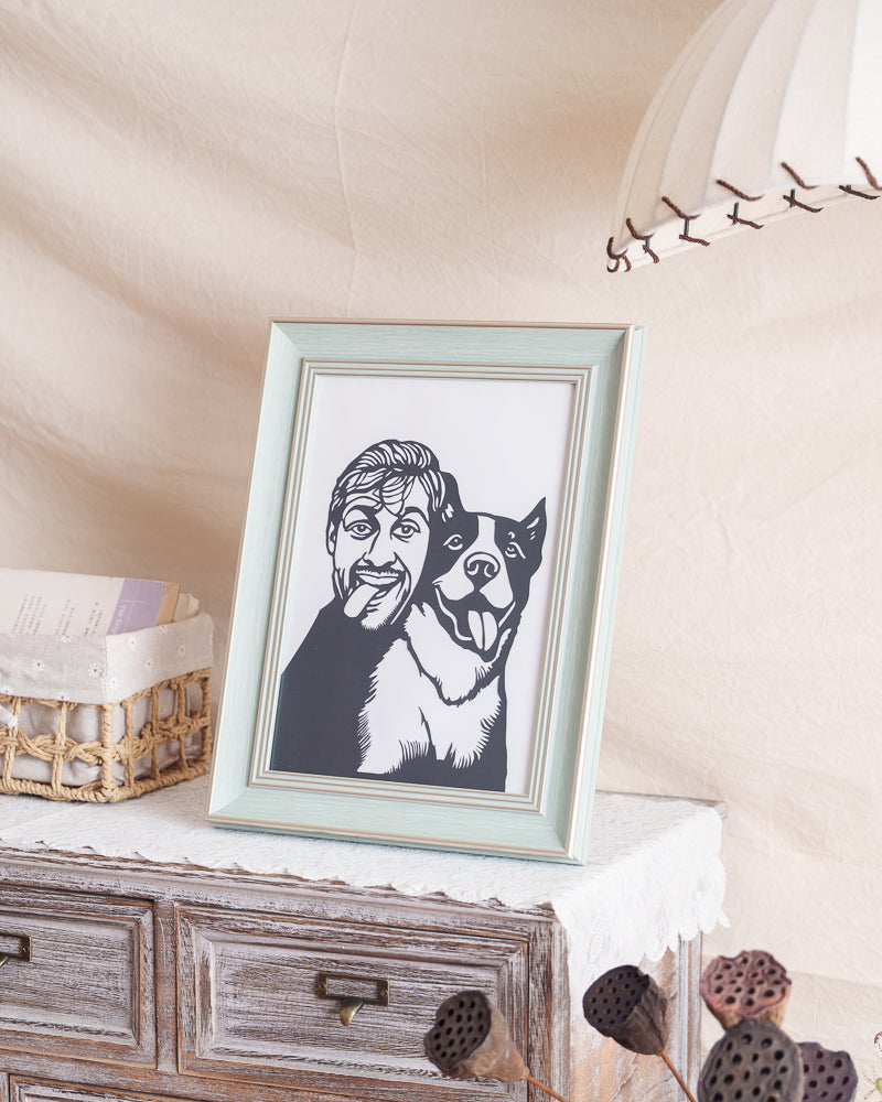 Glowing layered papercut artwork preserving cherished memories of owner and dog companion