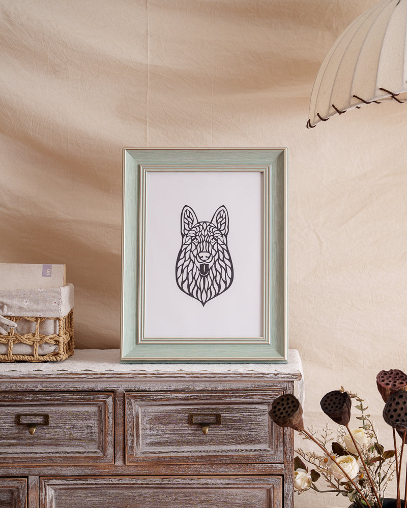 A beautiful hollow-cut Husky paper artwork (framed or unframed) thoughtfully displayed on a wall or shelf, serving as unique and meaningful home decor