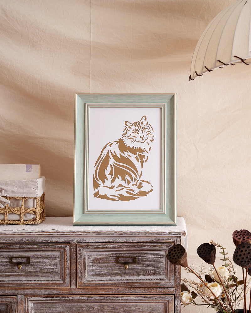  A beautiful white Lionhead cat paper artwork  displayed on a shelf or wall, adding a personal touch to home decor. 