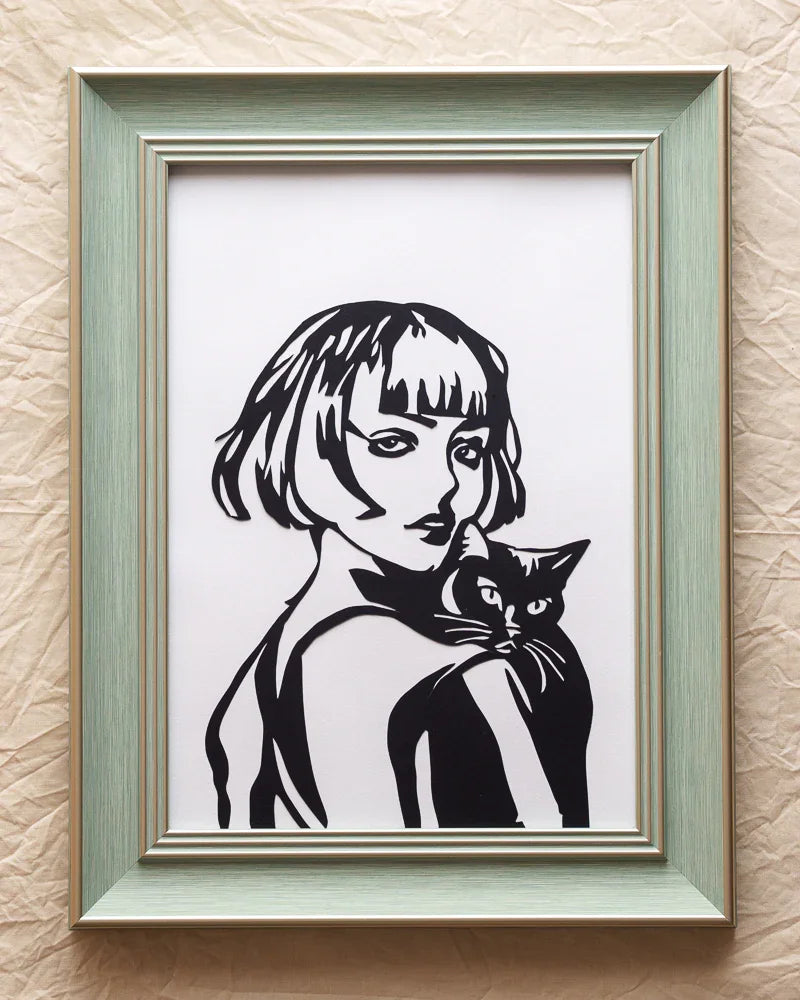 Side Glance Paper Cut – A Warm Moment Between Woman and Cat