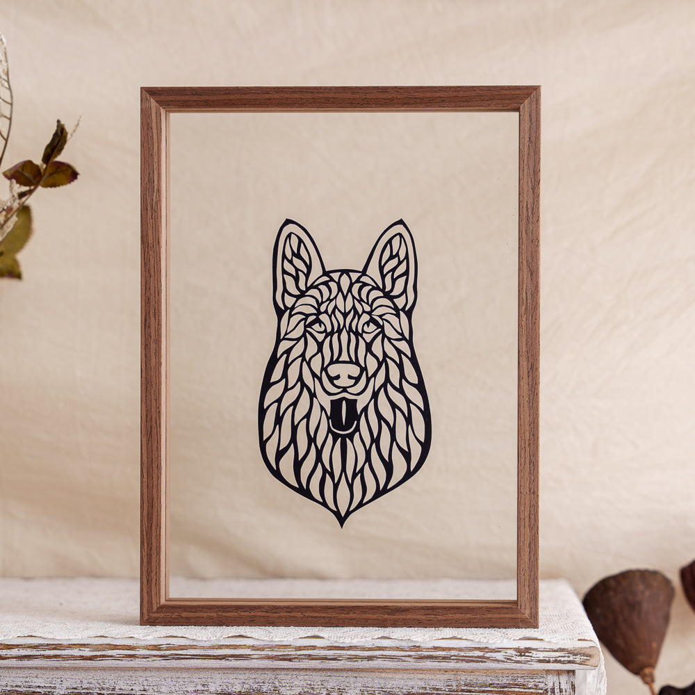 An abstract memorial papercut artwork of a Husky, intricately crafted with hollow-cut techniques to highlight its bold features and unique spirit.