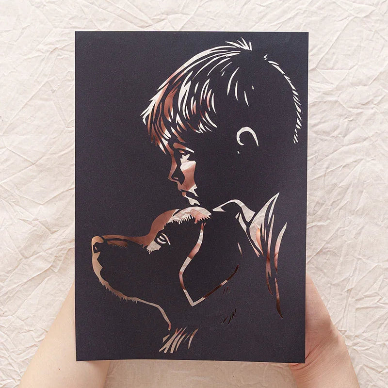 Capturing their trust: Kids leans on paw pillow in paper art forever 