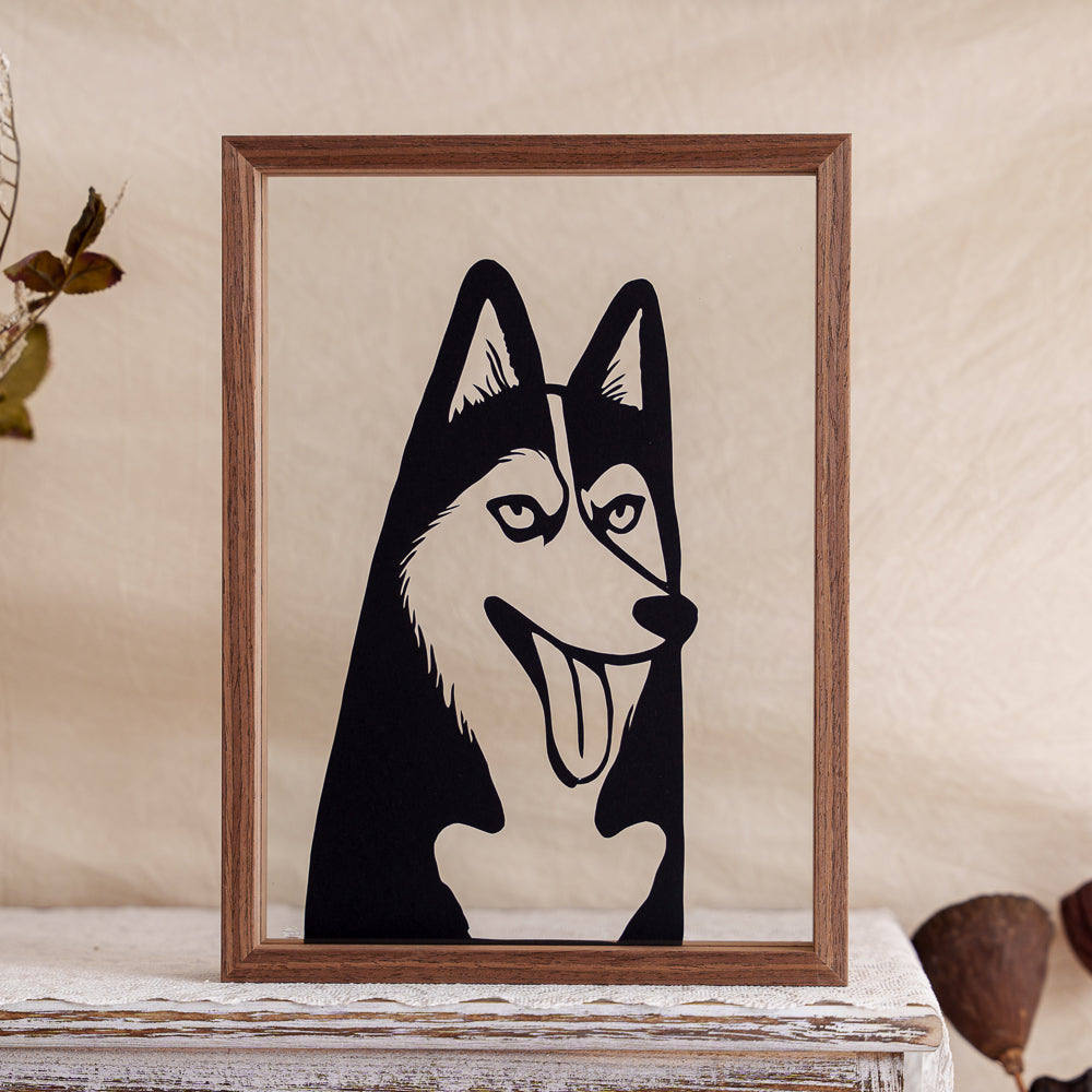 A humorous memorial papercut in cartoon style, featuring a Husky with its tongue out and ears perked up.