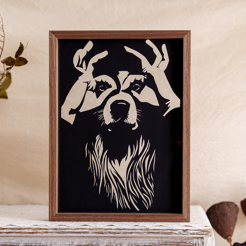 A loving papercut artwork showing the owner playfully making an “OK” sign with their hand around the dog’s eye, capturing a sweet moment of connection.