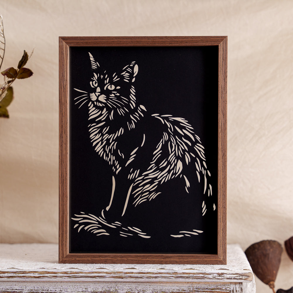 A memorial papercut portrait of a Persian cat, intricately crafted with hollow-cut detailing to highlight its majestic features.
