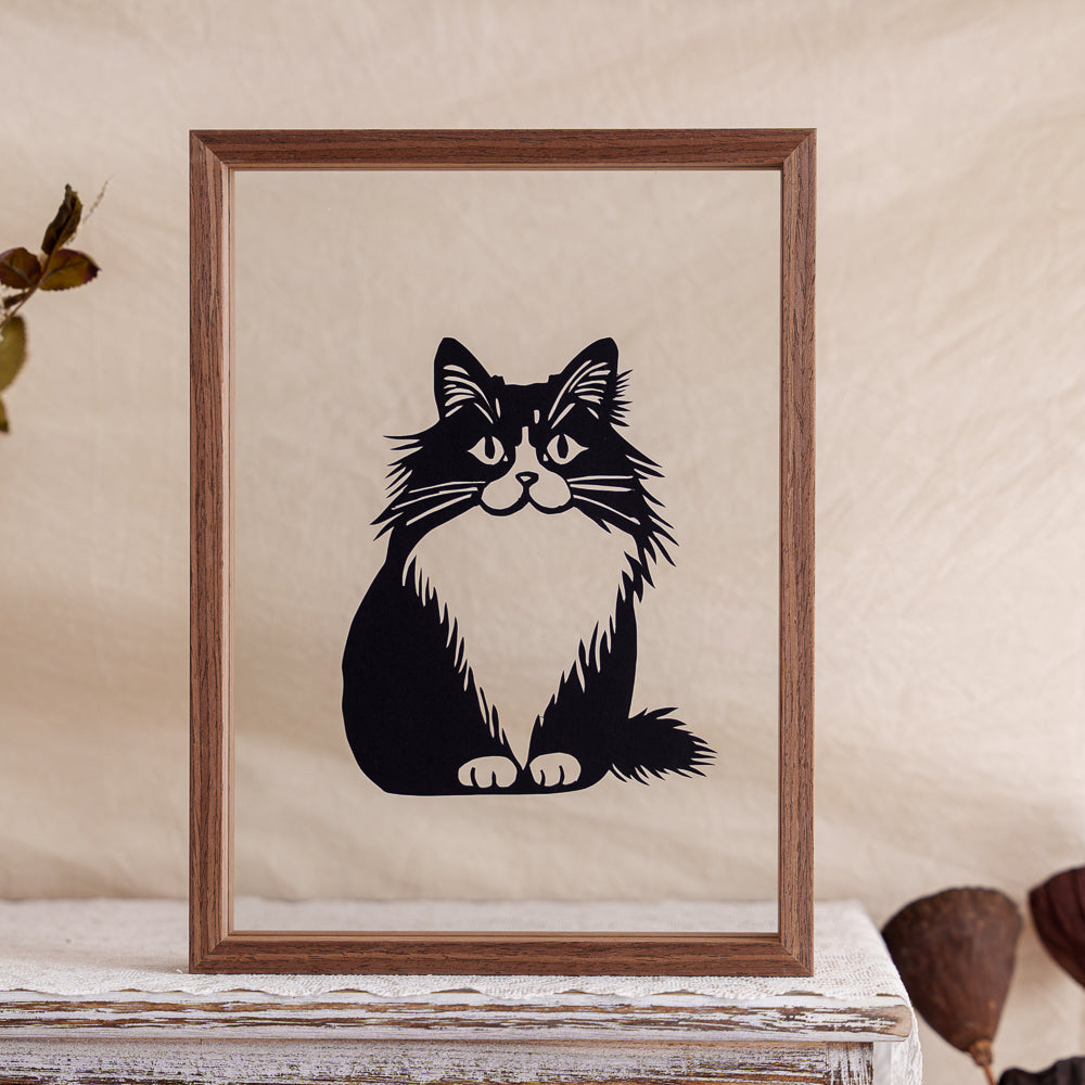 A charming papercut artwork featuring a cute little cat sitting calmly, capturing its gentle and obedient posture in a simple, elegant silhouette.