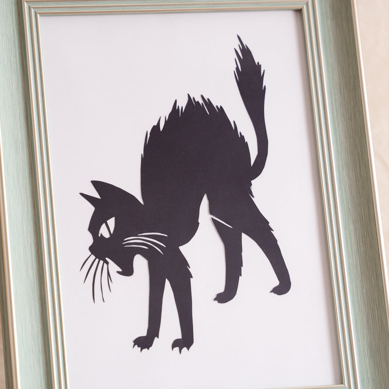 Framed cat paper cut memorial with lifelike fur details and realistic posture