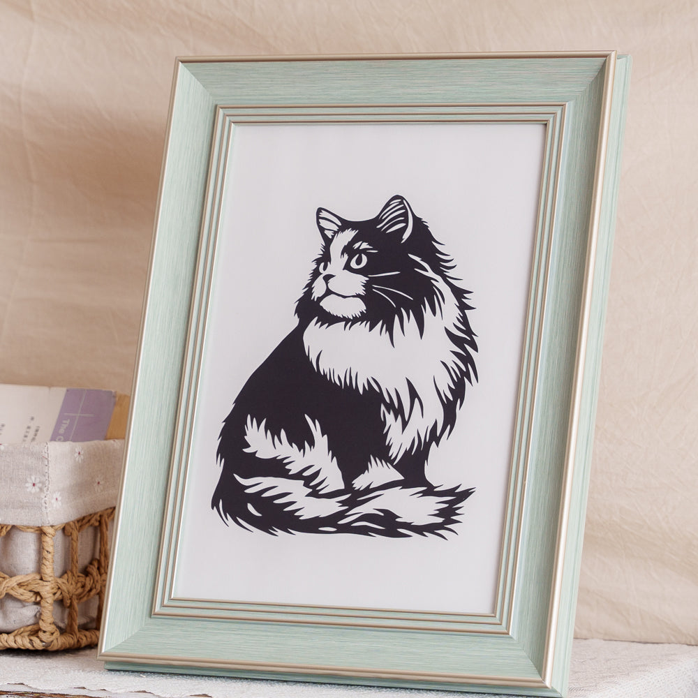 Cat paper cut artwork with finely carved details capturing the flow of its fur