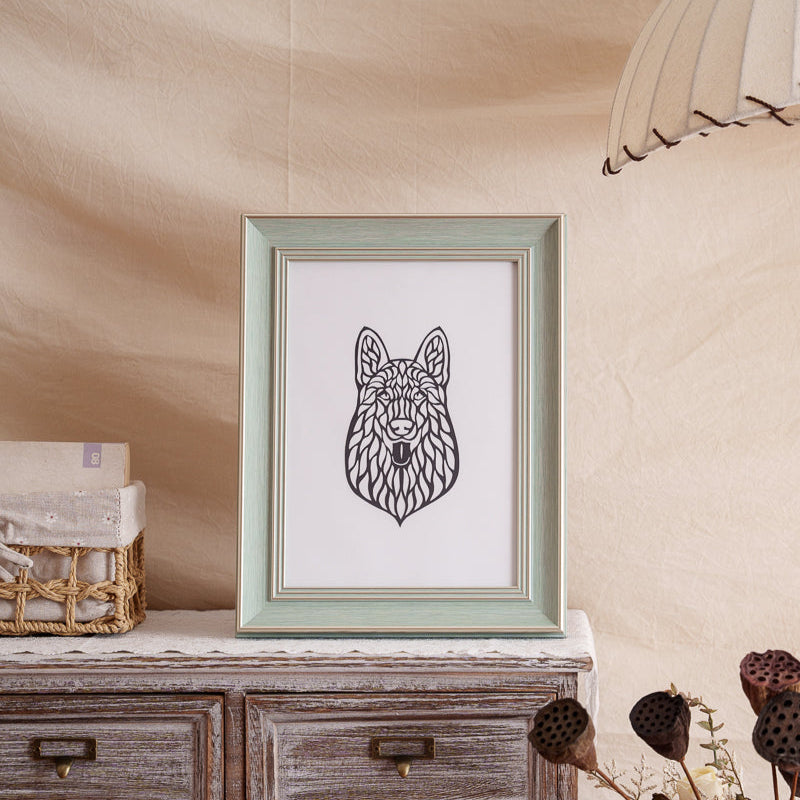 A beautiful hollow-cut Husky paper artwork (framed or unframed) thoughtfully displayed on a wall or shelf, serving as unique and meaningful home decor