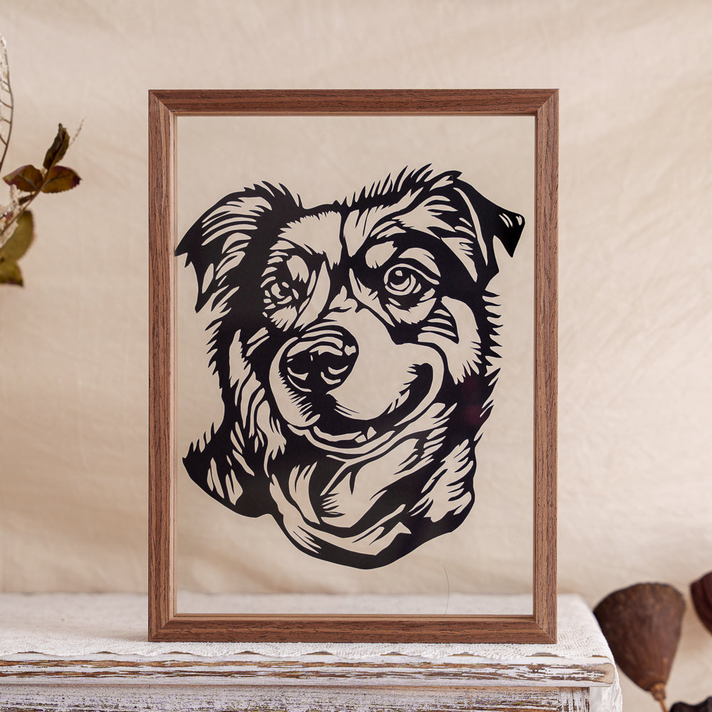 A custom-made dog portrait silhouette papercut, perfect for home decoration.